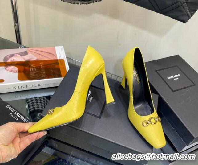 Classic Hot Saint Laurent Severine Pumps in Crocodile-embossed Leather Yellow 1115058