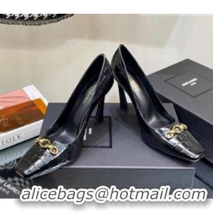 Top Quality Saint Laurent Severine Pumps in Crocodile-embossed Patent Leather Black 1115059