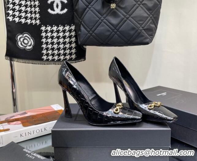 Top Quality Saint Laurent Severine Pumps in Crocodile-embossed Patent Leather Black 1115059