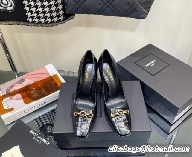 Top Quality Saint Laurent Severine Pumps in Crocodile-embossed Patent Leather Black 1115059