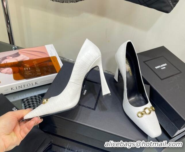 Duplicate Saint Laurent Severine Pumps in Crocodile-embossed Leather White 115057