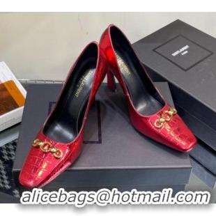 Affordable Price Saint Laurent Severine Pumps in Crocodile-embossed Patent Leather Red 115056