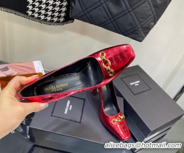 Affordable Price Saint Laurent Severine Pumps in Crocodile-embossed Patent Leather Red 115056