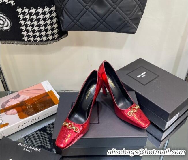 Affordable Price Saint Laurent Severine Pumps in Crocodile-embossed Patent Leather Red 115056