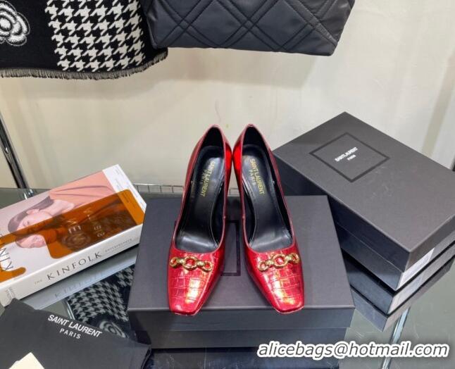 Affordable Price Saint Laurent Severine Pumps in Crocodile-embossed Patent Leather Red 115056