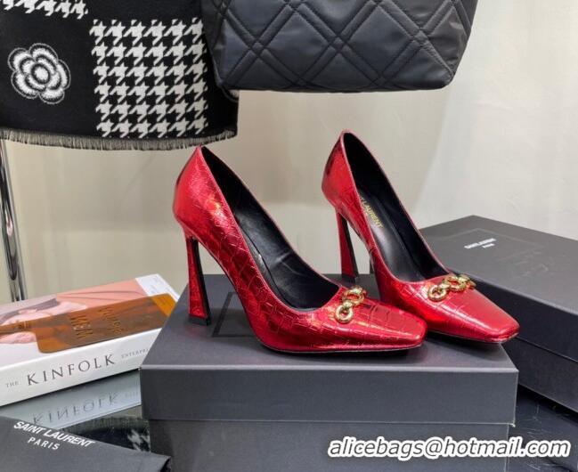 Affordable Price Saint Laurent Severine Pumps in Crocodile-embossed Patent Leather Red 115056