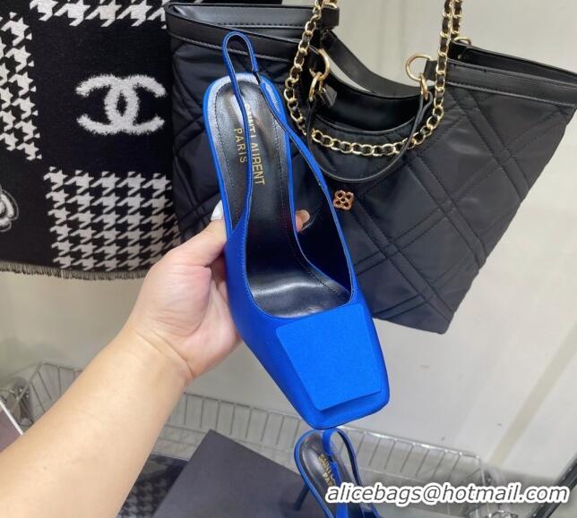 Stylish Saint Laurent Maxine Slingback Pumps in Crepe De Chine 11.5cm Heel Blue 114062