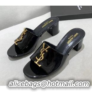 Grade Saint Laurent YSL Patent Leather Heeled Slide Sandals Black 122444