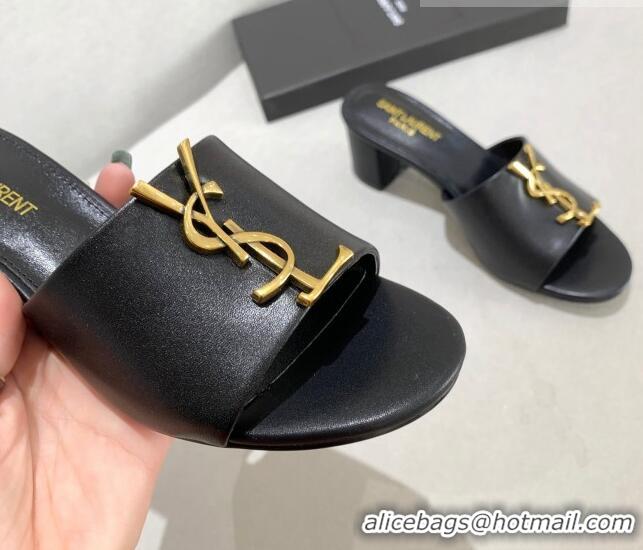 Low Cost Saint Laurent YSL Calfskin Heeled Slide Sandals Black 122445