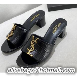 Best Quality Saint Laurent YSL Embossed Leather Heeled Slide Sandals Black 122446