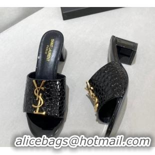 Classic Hot Saint Laurent YSL Patent Stone Embossed Leather Heeled Slide Sandals Black 122449