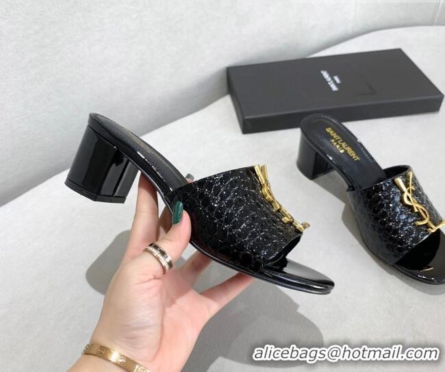 Classic Hot Saint Laurent YSL Patent Stone Embossed Leather Heeled Slide Sandals Black 122449