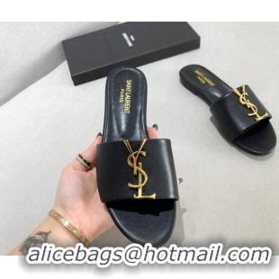 Best Product Saint Laurent YSL Calfskin Flat Slide Sandals Black 122450