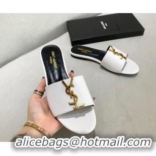 Low Price Saint Laurent YSL Calfskin Flat Slide Sandals Optic White 122451