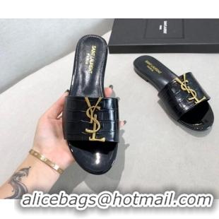 Popular Style Saint Laurent YSL Embossed Leather Flat Slide Sandals Black/Gold 122452