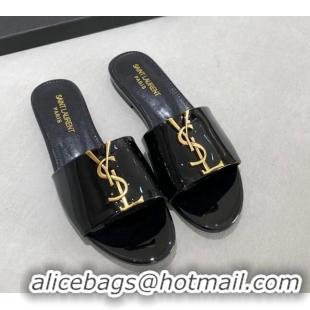 Unique Style Saint Laurent YSL Patent Leather Flat Slide Sandals Black/Gold 122454