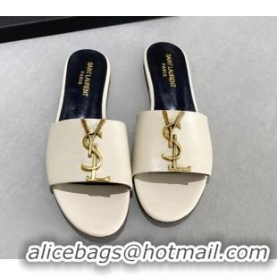 Good Product Saint Laurent YSL Calfskin Flat Slide Sandals Cream White 122455