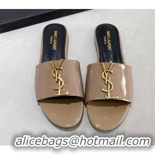 Good Looking Saint Laurent YSL Patent Leather Flat Slide Sandals Grey 122456