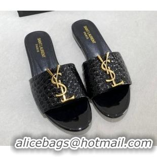 Luxurious Saint Laurent YSL Patent Stone Embossed Leather Flat Slide Sandals Black 122457