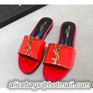 Shop Duplicate Saint Laurent YSL Patent Leather Flat Slide Sandals Red 122458