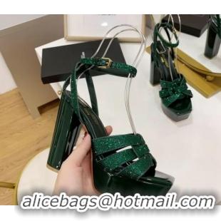 Classic Saint Laurent Tribute Platform Sandals with Crystals Green 122460