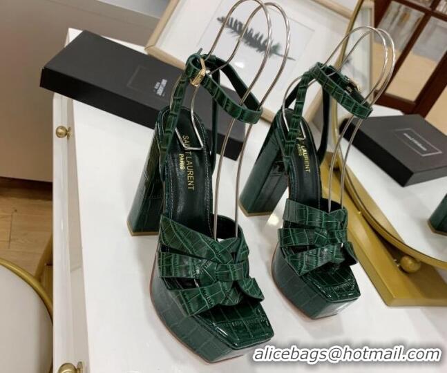 Unique Discount Saint Laurent Tribute Platform Sandals in Crocodile Leather Green 122465