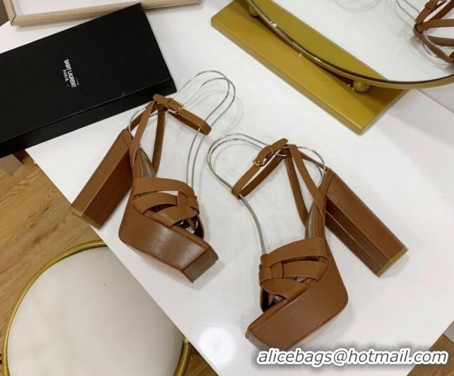 Good Product Saint Laurent Tribute Platform Sandals in Calf Leather Brown 122472