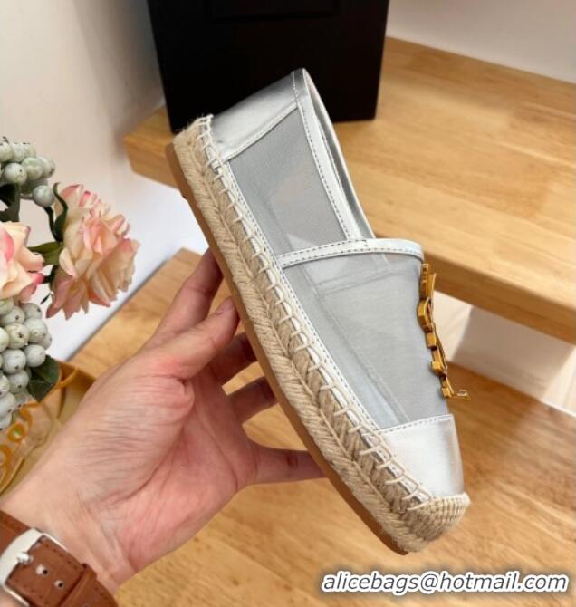 Popular Style Saint Laurent YSL Mesh and Leather Espadrilles Silver 122639