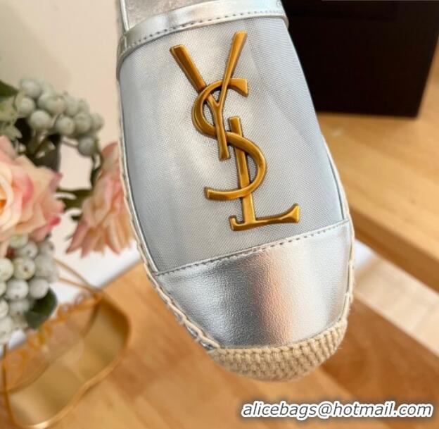 Popular Style Saint Laurent YSL Mesh and Leather Espadrilles Silver 122639