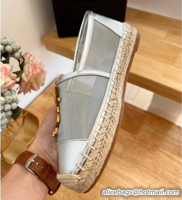 Popular Style Saint Laurent YSL Mesh and Leather Espadrilles Silver 122639