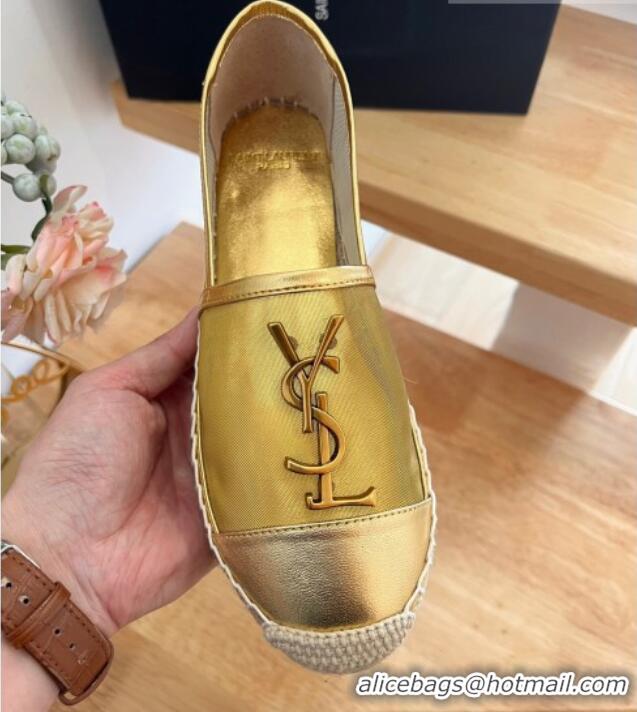 Sophisticated Saint Laurent YSL Mesh and Leather Espadrilles Gold 122641