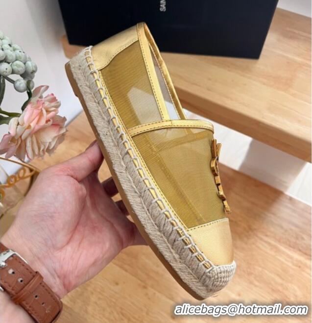 Sophisticated Saint Laurent YSL Mesh and Leather Espadrilles Gold 122641