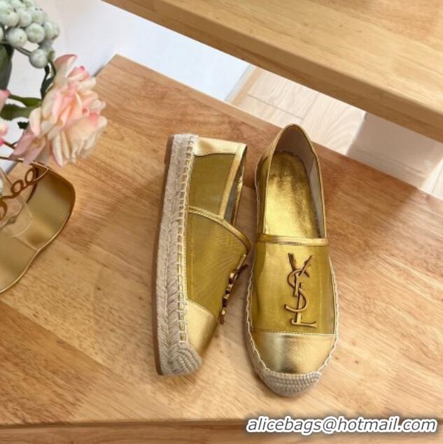 Sophisticated Saint Laurent YSL Mesh and Leather Espadrilles Gold 122641