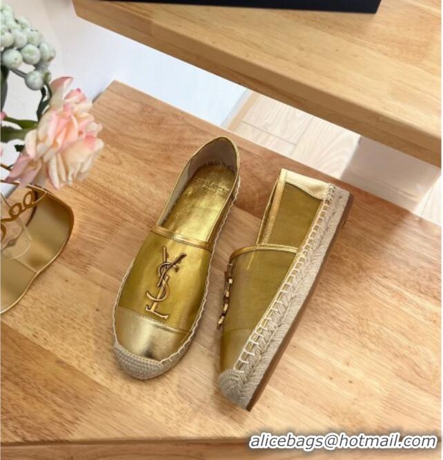 Sophisticated Saint Laurent YSL Mesh and Leather Espadrilles Gold 122641