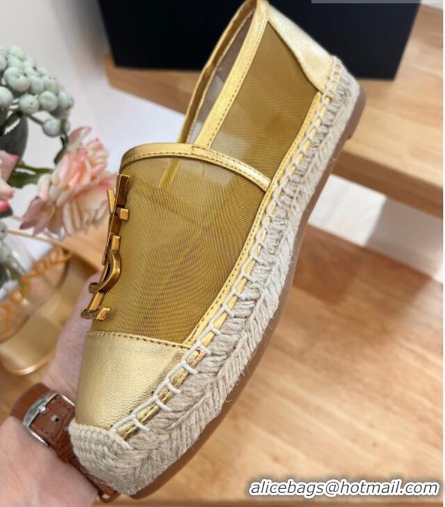 Sophisticated Saint Laurent YSL Mesh and Leather Espadrilles Gold 122641