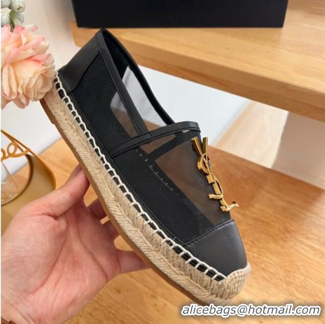 Grade Quality Saint Laurent YSL Mesh and Leather Espadrilles Black 122643