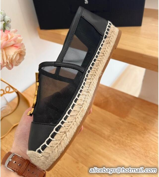 Grade Quality Saint Laurent YSL Mesh and Leather Espadrilles Black 122643