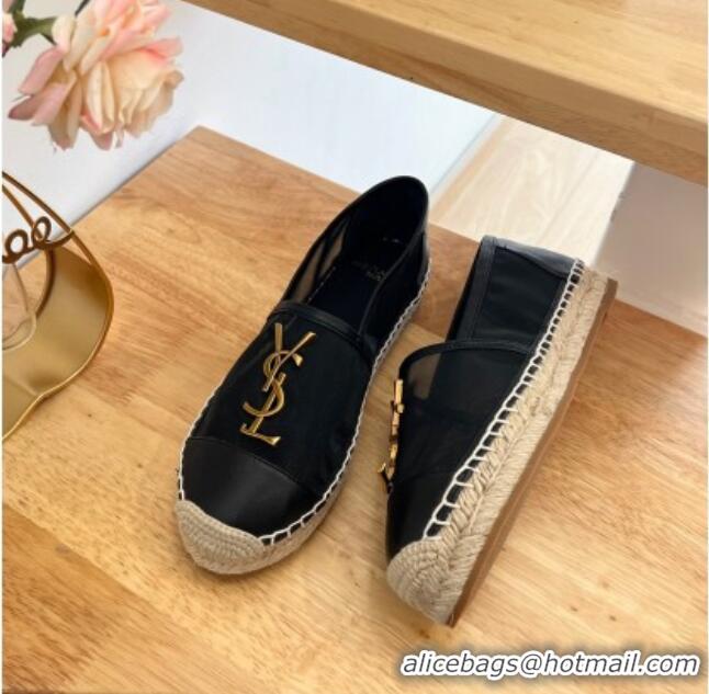 Grade Quality Saint Laurent YSL Mesh and Leather Espadrilles Black 122643