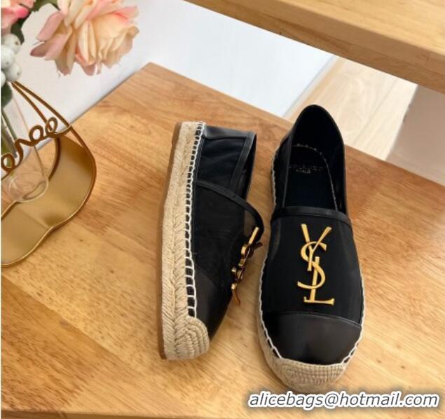 Grade Quality Saint Laurent YSL Mesh and Leather Espadrilles Black 122643