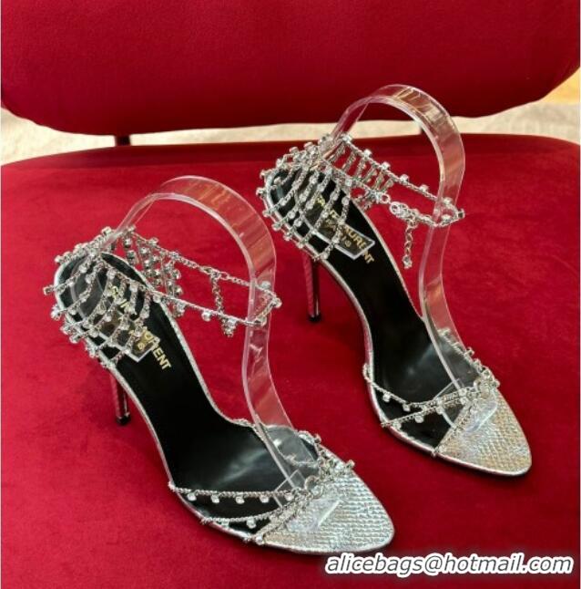 Popular Style Saint Laurent Alex Chain Sandals in Calf Leather 11cm Silver 122869