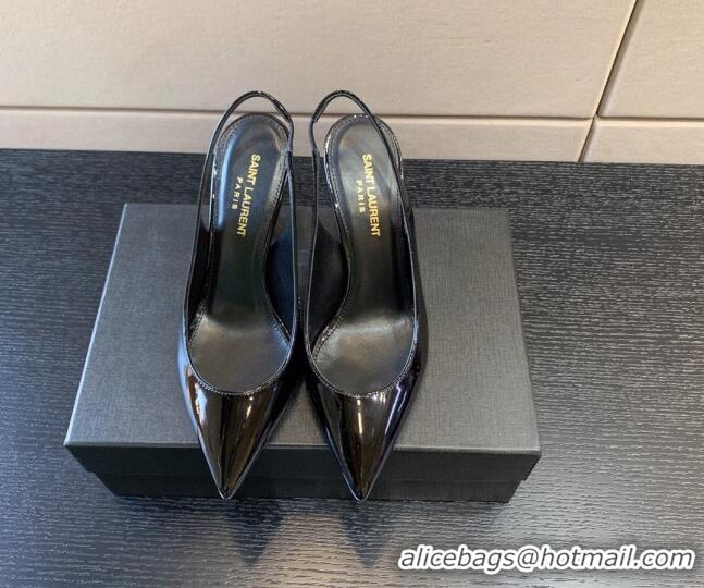 Classic Hot Saint Laurent Patent Leather YSL High Heel Slingback Pumps 8.5cm Black/Silver 122865