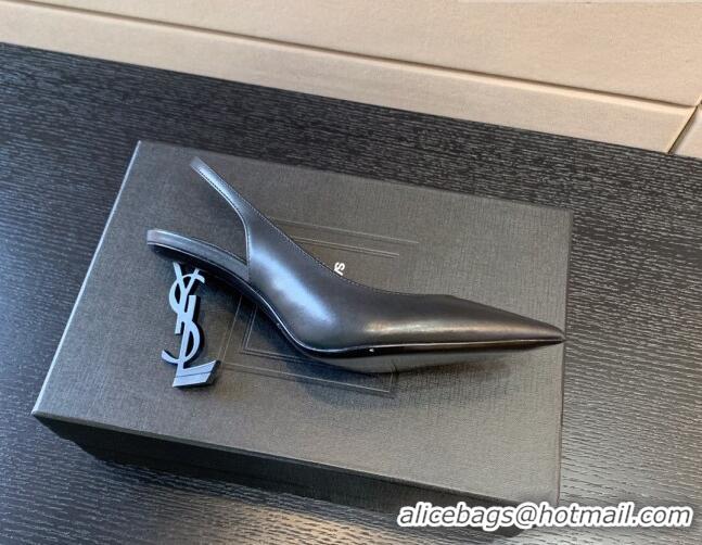 Stylish Saint Laurent Calfskin YSL High Heel Slingback Pumps 8.5cm All Black 122862