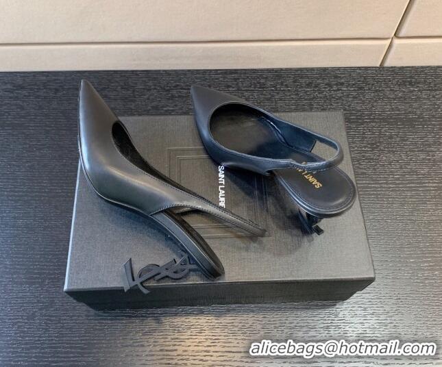 Stylish Saint Laurent Calfskin YSL High Heel Slingback Pumps 8.5cm All Black 122862