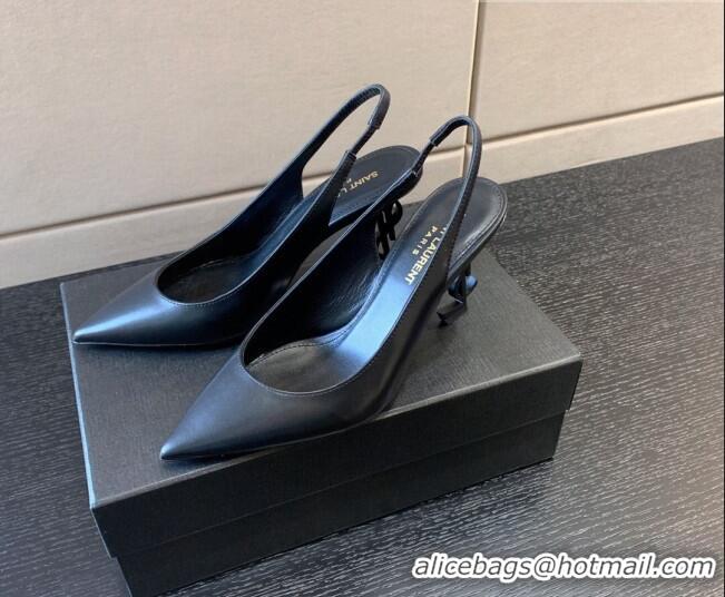 Stylish Saint Laurent Calfskin YSL High Heel Slingback Pumps 8.5cm All Black 122862