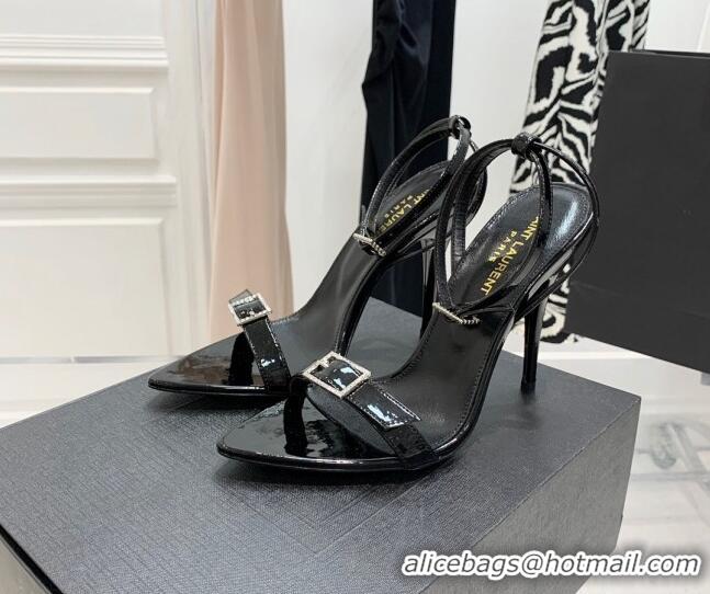 Best Price Saint Laurent Venue Patent Leather High Heel Sandals 11cm with Crystal Buckle Black 022526