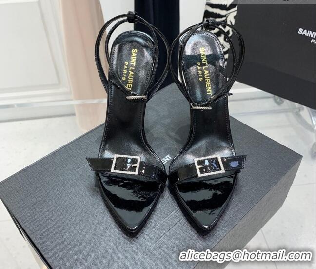 Best Price Saint Laurent Venue Patent Leather High Heel Sandals 11cm with Crystal Buckle Black 022526