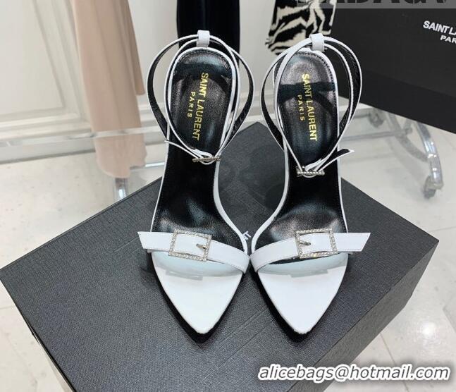 Duplicate Saint Laurent Venue Patent Leather High Heel Sandals 11cm with Crystal Buckle White 022527