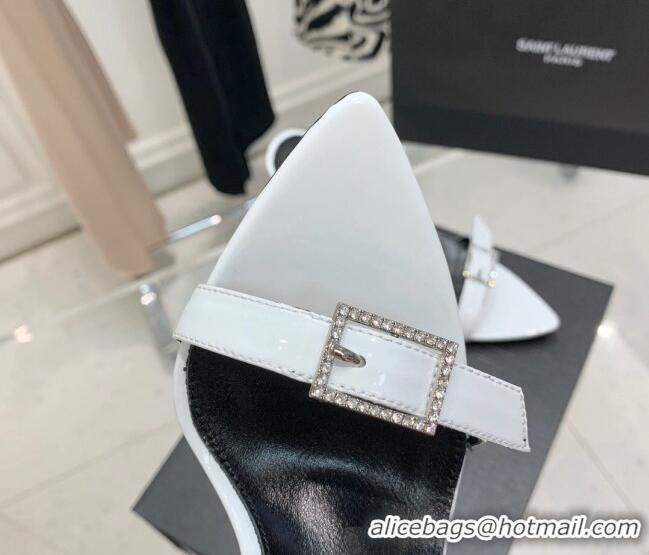 Duplicate Saint Laurent Venue Patent Leather High Heel Sandals 11cm with Crystal Buckle White 022527