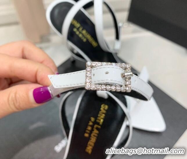 Duplicate Saint Laurent Venue Patent Leather High Heel Sandals 11cm with Crystal Buckle White 022527