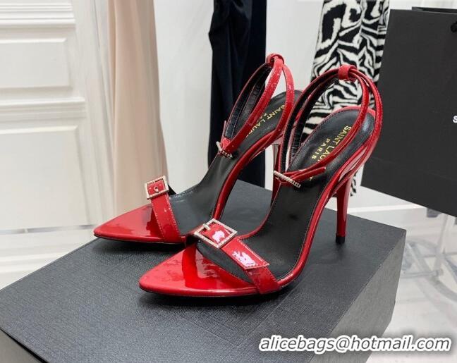 Grade Quality Saint Laurent Venue Patent Leather High Heel Sandals 11cm with Crystal Buckle Red Grade Quality Saint Laur